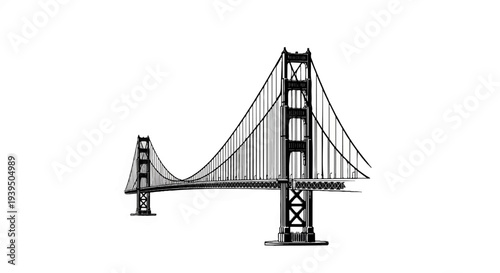 Stylized black and white illustration of a suspension bridge against a white background