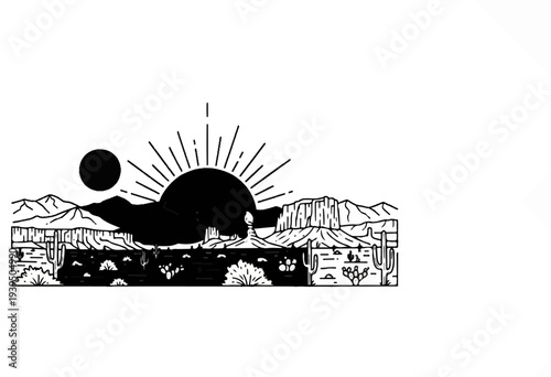 A stark, graphic desert landscape at sunrise with saguaro cacti