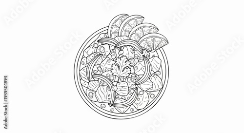 Delicious bowl of food with citrus slices and herbs