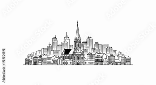 Stylized black and white sketch of a city skyline with diverse buildings