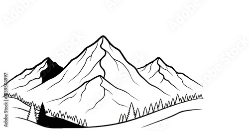 A stark black and white sketch depicts a mountainous landscape with snow-capped peaks