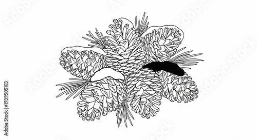 Detailed line art illustration of several pine cones, some with snow caps