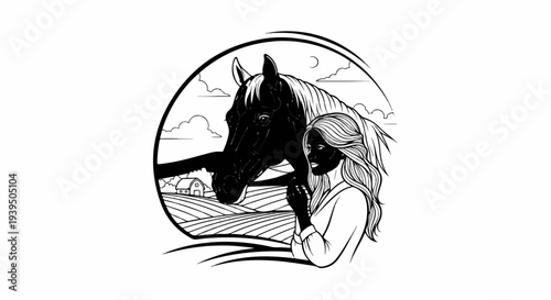 A woman and horse in a farm landscape under a crescent moon