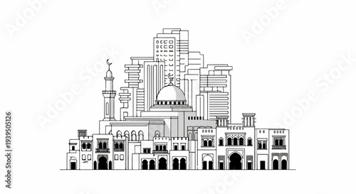 Sketch of a Middle Eastern cityscape featuring traditional and modern architecture