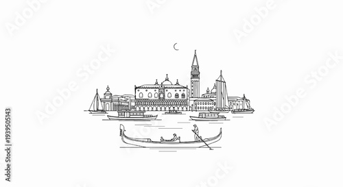 Sketch of Venetian architecture and boats on water with gondola