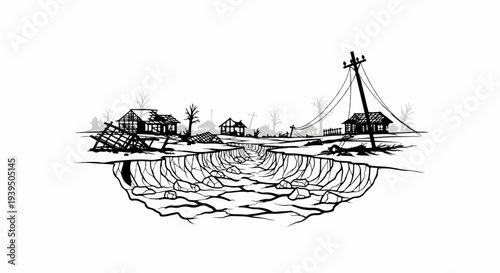 Desolate scene of destruction with a large crevice and damaged buildings