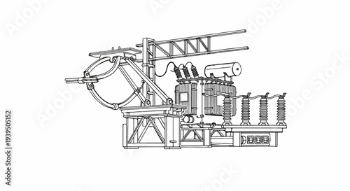 Detailed line drawing of an electrical transformer substation equipment