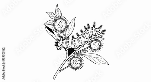 Detailed black and white drawing of a spiky caterpillar on a branch with spiky seed pods and leaves