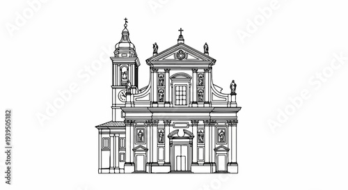 Detailed black and white line drawing of a grand church facade with a bell tower