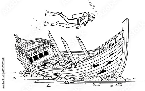 Diver explores a sunken, decaying wooden ship resting on the seabed with debris