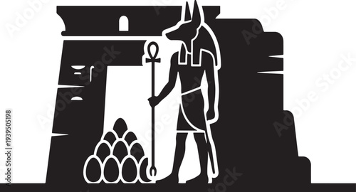 Anubis silhouette guarding a pile of ancient eggs.