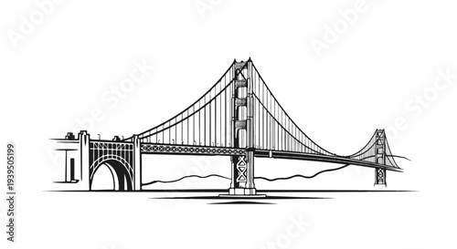 Black and white sketch of a majestic suspension bridge with hills in the background
