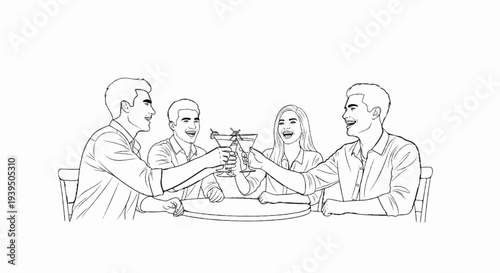 Four people sit at a table, toasting with martini glasses, laughing