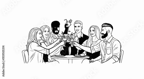 Friends toasting cocktails at a round table with drinks and smiles