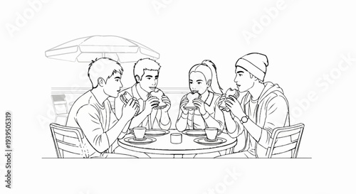 Friends enjoying sandwiches and drinks outdoors under a large umbrella