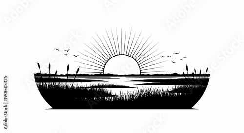 Silhouette of a serene marsh at sunrise with a sunburst and flying birds