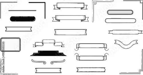 Assortment of vintage-style graphic elements including ornate corners, banners, and buttons