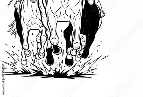 Dynamic ink sketch of horses' legs galloping with dramatic impact lines