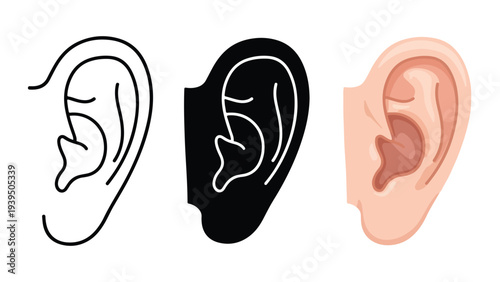 Human ear hearing sound flat design vector illustration - Flat Design Icon. line icon set - Icon vector - Blue icon vector. Clipart. Icon collection - Line and glyph solid icon and logo template