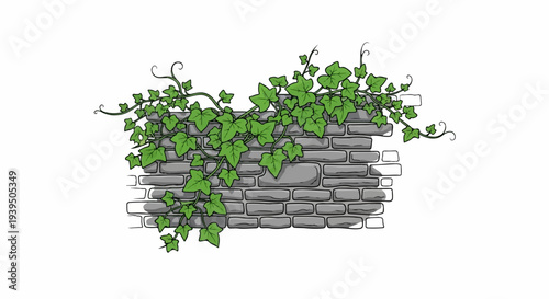 Green ivy vines climb and drape over a rough, grey brick wall