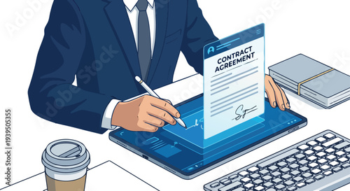 Professional Executive Signing Digital Contract On Tablet Screen Using Electronic Signature For Legal Business Agreement Confirmation In Modern Workspace Isolated
