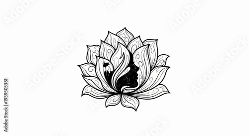 Black silhouette of a woman's face within a detailed lotus flower design