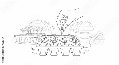 Hand planting seeds in seedling trays with greenhouses and watering can
