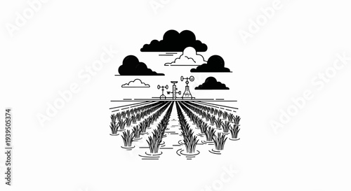 Scientific research in a flooded field with rows of crops and weather instruments