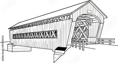 Black and white drawing of a wooden covered bridge with intricate structural beams