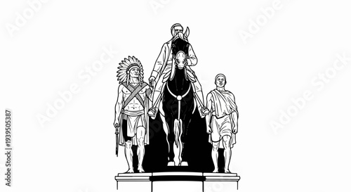 Equestrian statue with two figures, one in headdress, one in toga