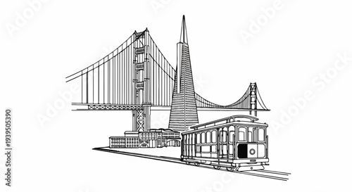 Iconic bridge, skyscraper, and cable car illustration