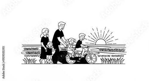 Family enjoys a bike ride and sunset stroll in a grassy field