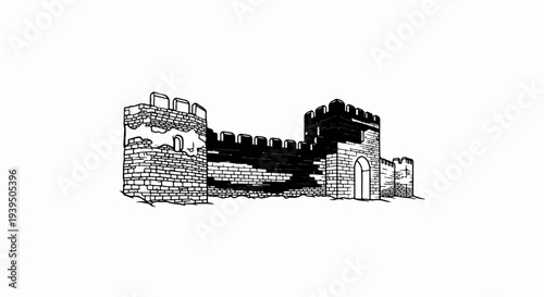 Black and white drawing of an ancient stone fortress with crenellated battlements and an archway
