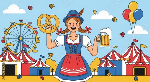 Oktoberfest Celebration - Woman with Beer and Pretzel at Festival.
