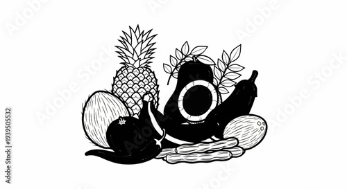 Black and white illustration of assorted fruits and vegetables, a bounty of produce