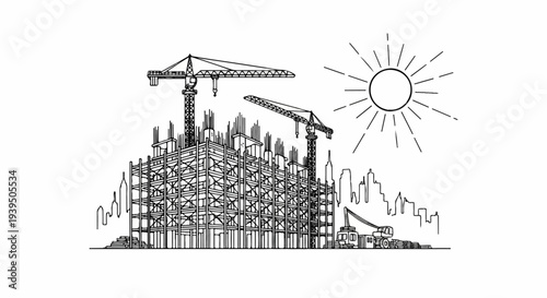 Line drawing of a building under construction with cranes, sun, and city skyline