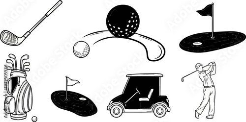 Collection of black and white golf-themed illustrations, including clubs, balls, and a cart