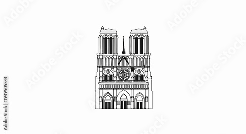 Black and white line drawing of a grand cathedral facade