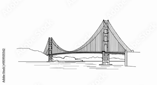 Black and white line drawing of a suspension bridge spanning across water with hills in background