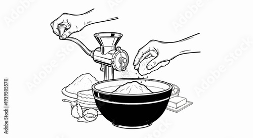 Hands grinding ingredients into a bowl and onto a surface
