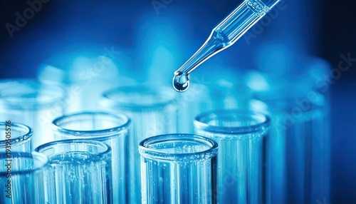 Close-up of test tubes with liquid and pipette dropping.