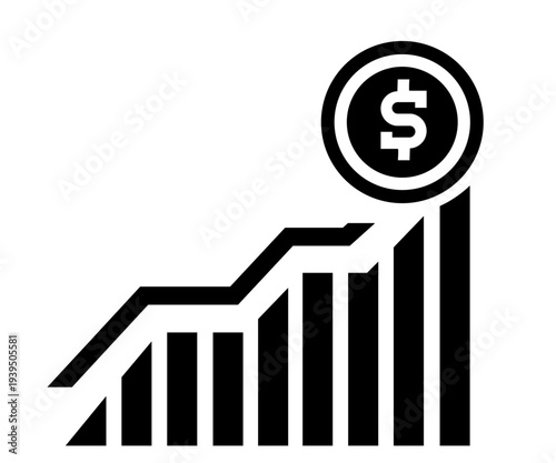 Modern financial investment growth icon featuring candlestick chart, rising bar graph, and dollar coin symbol. Perfect for stock market, trading, financial analytics, business profit growth, and inves