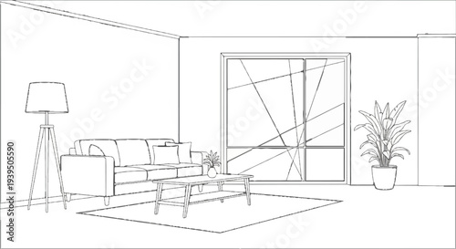 Minimalist living room sketch with sofa, coffee table, plants, and floor lamp