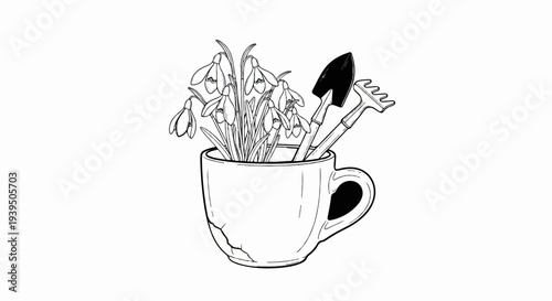 Cracked cup holding snowdrops with small gardening tools