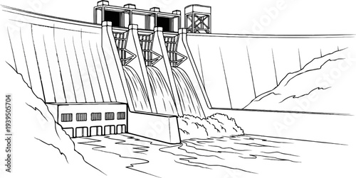 Large dam with water cascading over spillways into a turbulent river below
