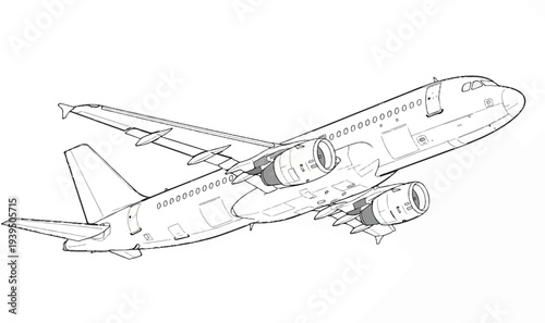 Outline drawing of a twin-engine jet airliner in flight