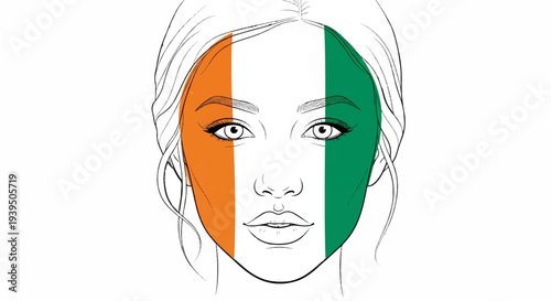 Line art of a woman's face with stripes of orange and green painted on her cheeks