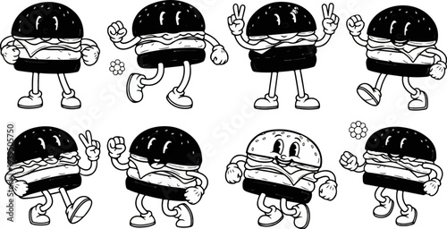 Cartoon burgers with arms and legs in various poses and expressions