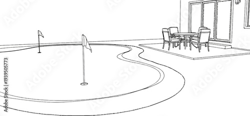 Outdoor putting green with patio furniture and sliding glass doors