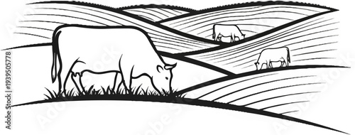 Cattle graze in rolling fields under a stylized sky